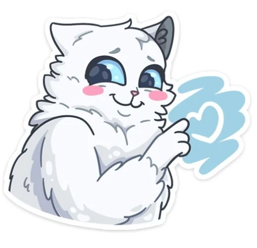 A sticker of a white cat with blue eyes